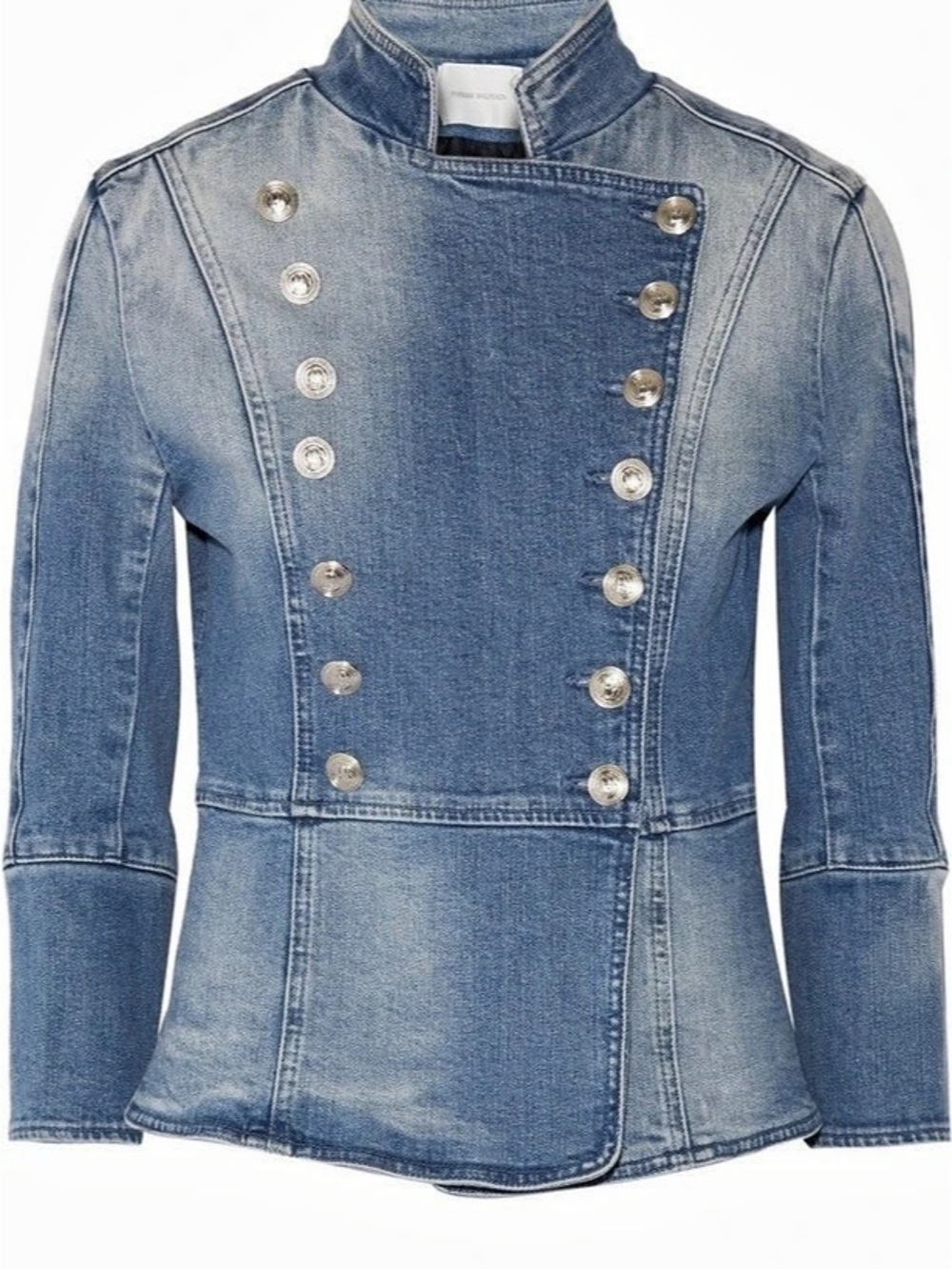 Pierre Balmain Double Breasted Denim Military Jacket Blue Size 36—VINTAGE Balmai